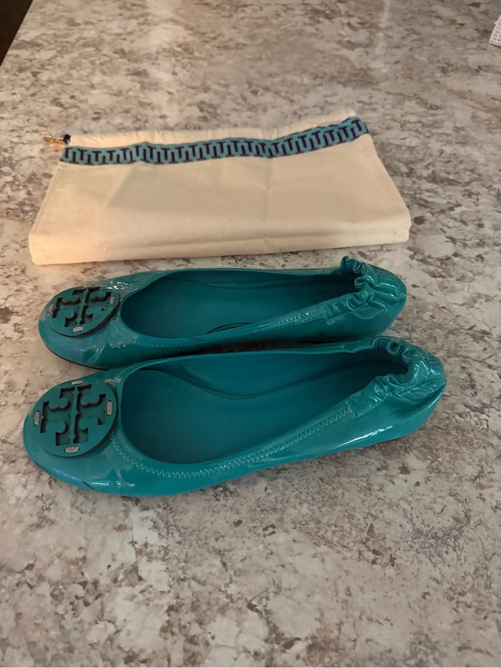 Tory Burch Teal Patent Leather Logo Ballet Flats